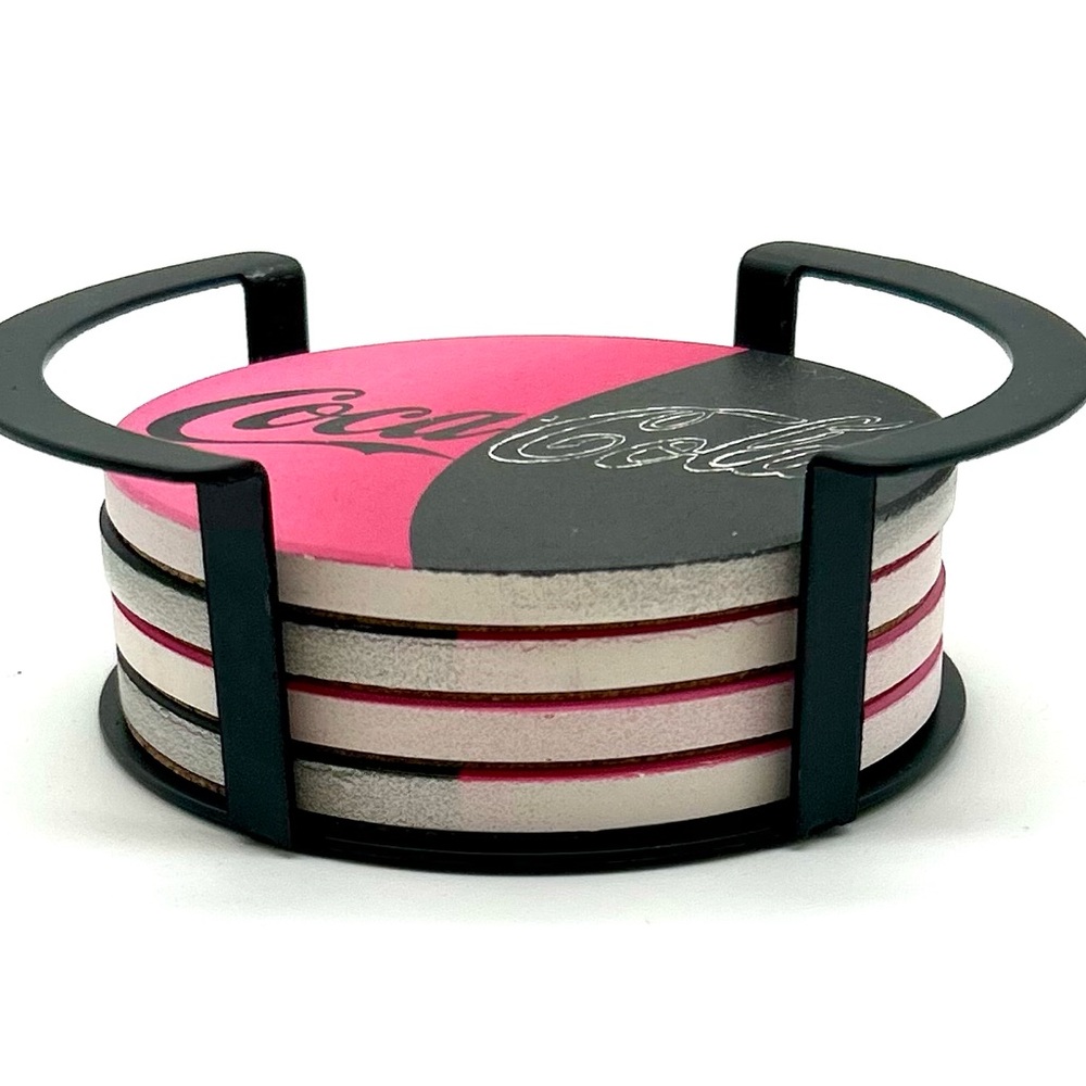 Coca Cola Pink and Black Coaster Set with Holder